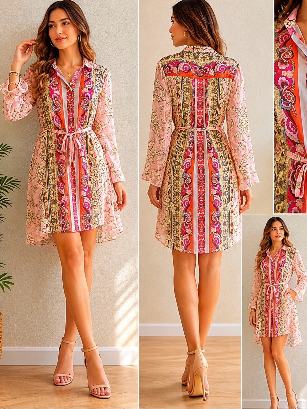Rose + Olive Women’s Sheer Floral Swimsuit Cover-Up Belted Kimono with Side Slit